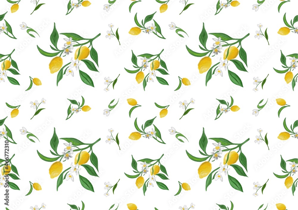 Beautiful Lemon Flowers Seamless Pattern for Fabrics in white background Beautiful Lemon Flowers Seamless Pattern for Fabrics in white background