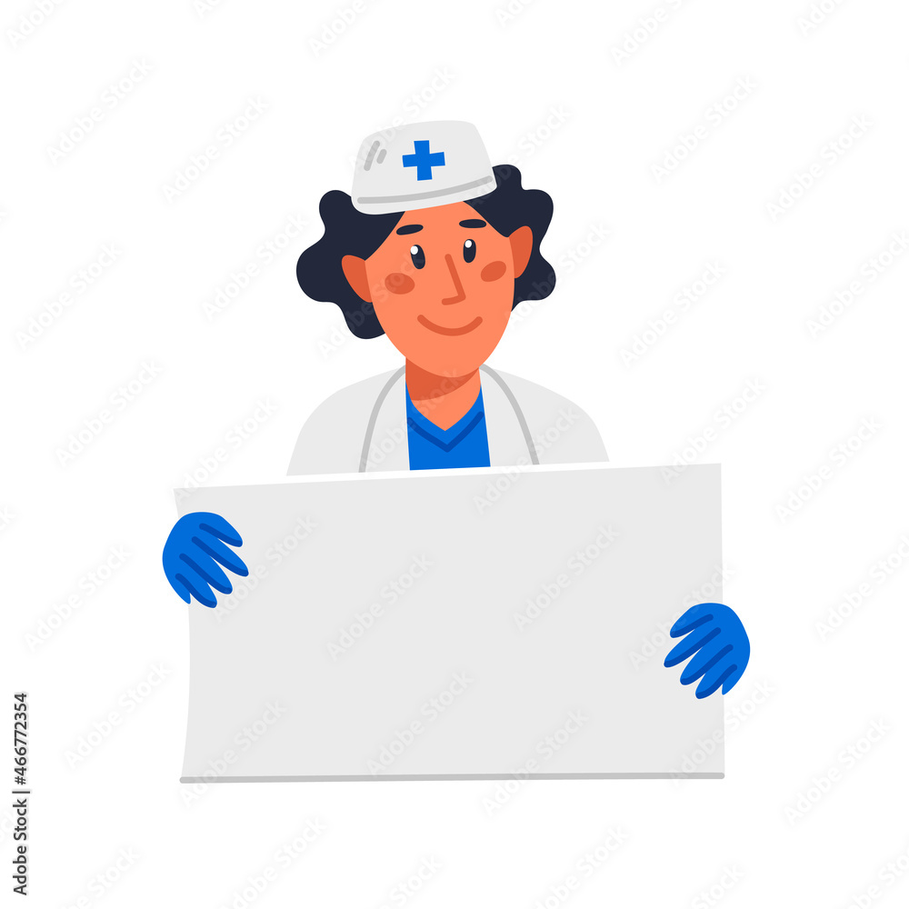 Doctor holding blank white poster, Young male doctor in white gown and hat hold empty sign. Flat style cartoon vector illustration.