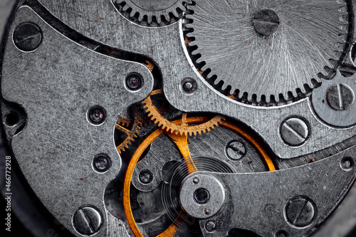 The mechanism of an old mechanical watch is close-up. Macro photography with a large depth of field