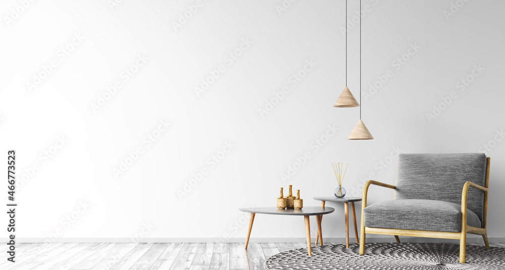 Interior with armchair and coffee tables 3d rendering - obrazy, fototapety, plakaty 