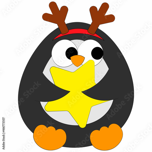 Cute cartoon Penguin with reindeer horns and star. Draw illustration in color