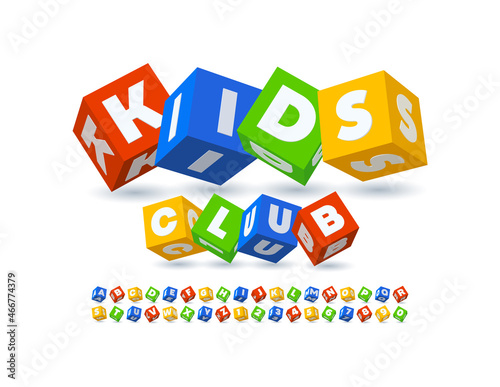 Vector playful logo Kids Club. 3D cube Font. Colorful blocks Alphabet Letters and Numbers set