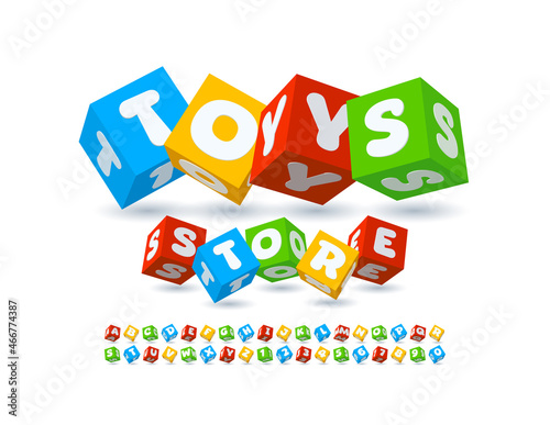 Vector playful logo Toys Store with colorful Blocks Font. Creative 3D Alphabet Letters and Numbers set