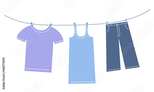 Clothes hanging on clothesline in outdoor. Drying clothes. Vector flat illustration.