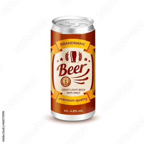 Realistic Detailed 3d Aluminum Can with Beer Label Isolated on a White Background. Vector illustration of Alcohol Beverage