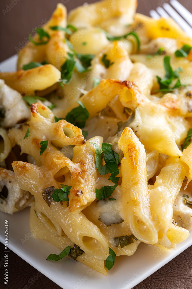Penne pasta with chicken, cream and cheese Penne pasta with chicken, cream and cheese