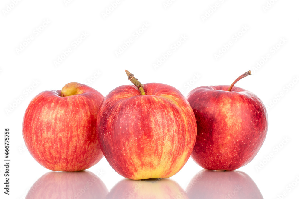 Three juicy red apples, close-up isolated on white. Three juicy red apples, close-up isolated on white.