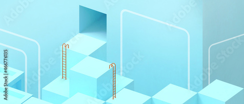 Creative idea. Abstract Geometric shapes success and goals with a Business concept on blue. banner,website,Copy Space,poster,Card -3d Rendering