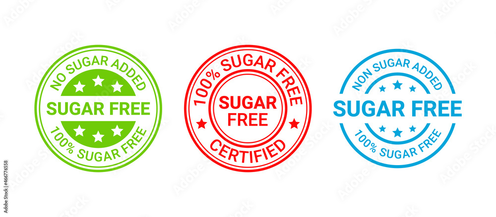 Obraz premium Sugar free rubber stamp icon. No sugar added badge. Set of diabetic round labels. Certified sticker. Emblem for packaging. Green red blue seal imprint isolated on white background. Vector illustration
