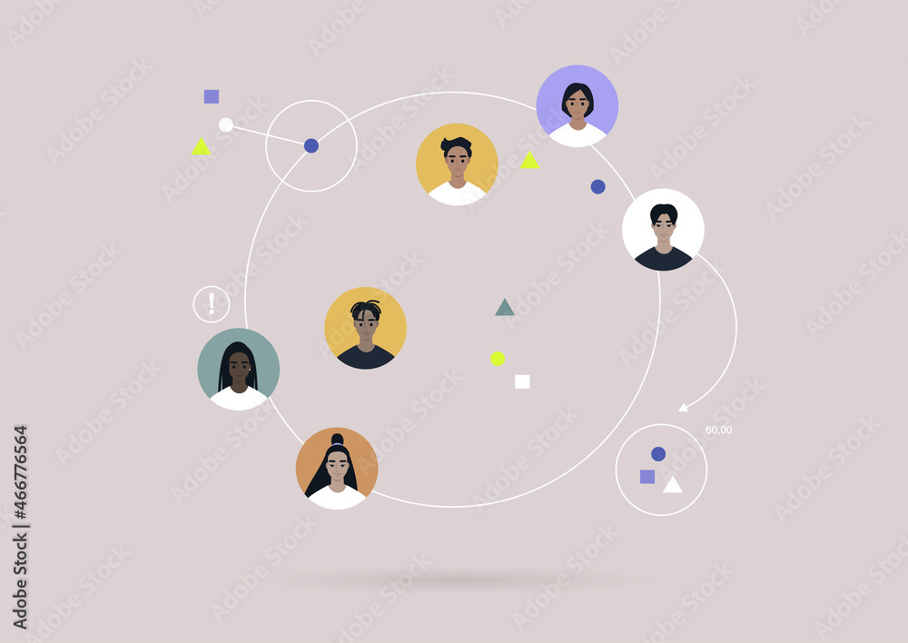 Global communications concept, a Circle with colorful user avatars on it, Globalisation - obrazy, fototapety, plakaty 