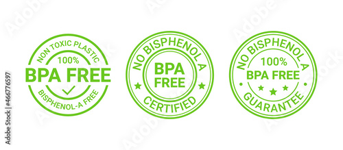 BPA free icon stamp. No bisphenol badges. Non toxic plastic round labels. Guarantee seal imprints for eco package. Set of waste marks isolated on white background. Organic emblems. Vector illustration