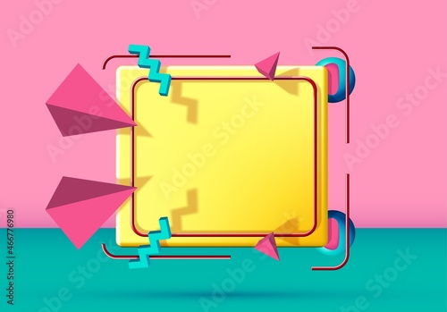 Abstract 90s styled frame with flying 3d objects and shapes. Pink and green background.