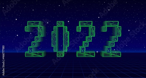2022 New Year card for winter celebration with pixel grid digits in sci-fi tech or cyberpunk style