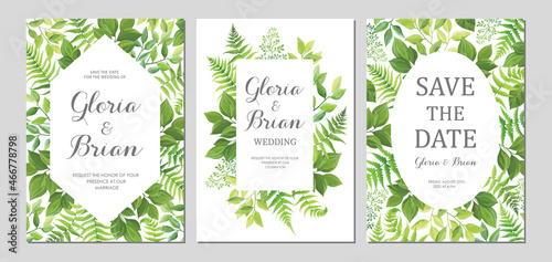 Wedding invitation with green leaves border. Invite card with place for text. Frame with forest herbs. Vector illustration.