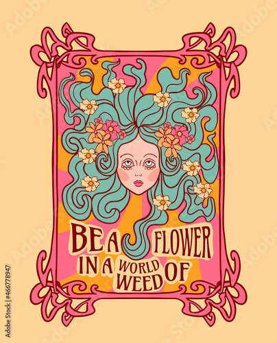 Fototapeta hippy girl with flowers in her hair and the inscription: be a flower in the worl