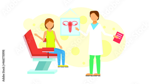 Abstract Flat Woman In Gynecological Chair At A Gynecologist's Appointment Medic Cartoon People Character Man Concept Illustration Vector Design Style Healthcare Diagnosis Clinic