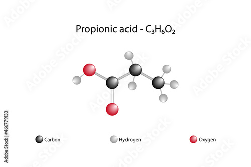 Molecular formula of propionic acid. Propionic acid is a naturally occurring carboxylic acid.