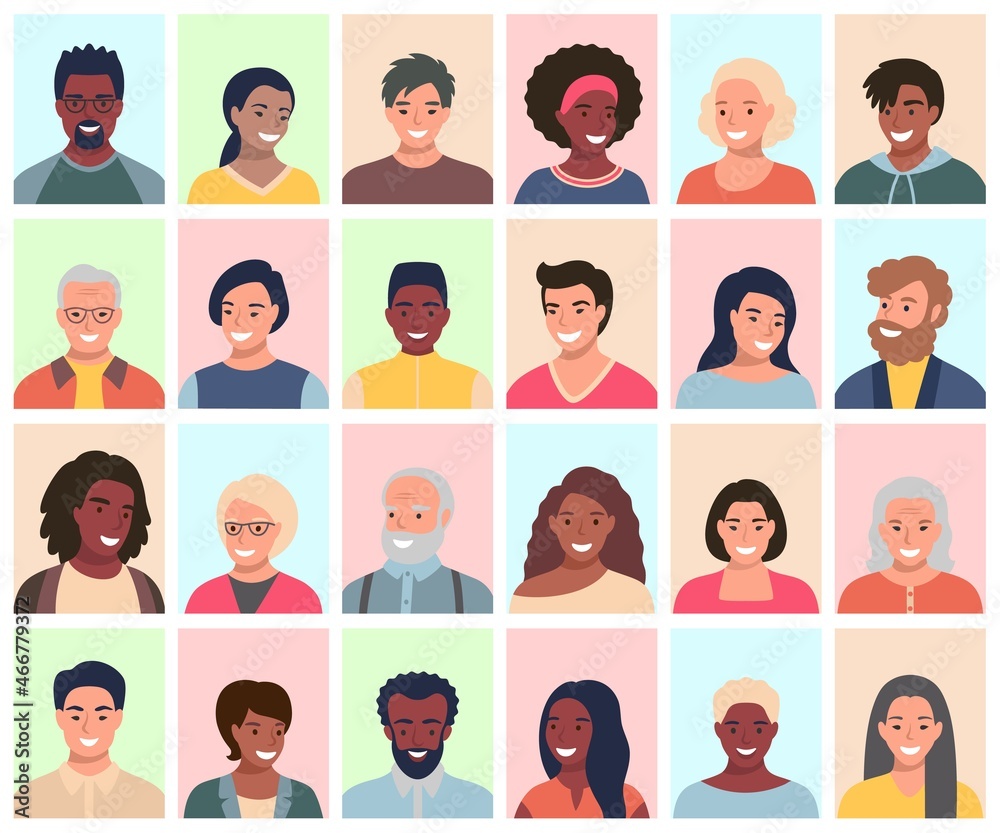 Set of persons, avatars, people heads of different ethnicity and age in flat style. Multi nationality social networks people faces collection. - obrazy, fototapety, plakaty 