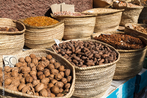 Nuts and spices in a market in Marrakech photo