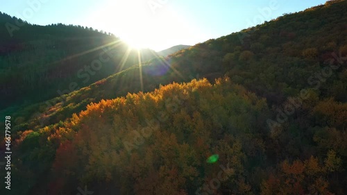 Flying over road looking towards the sun peaking over mountains with golden color in the forest during Fall.