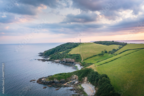 Aerial view of Gribbin Daymarker, a lighthouse near Sandy Cove along the wild coastline in Cornwall, England. photo
