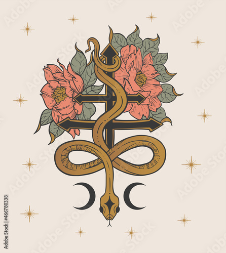 Fotografi cross of leviathan with a snake and flowers, cross of satan, magic, occult