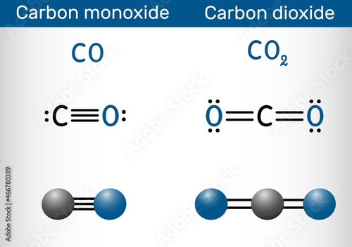 Carbon monoxide CO and carbon dioxide CO2 molecule. Structural chemical formula and molecule model