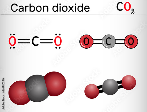 Carbon dioxide, CO2 molecule. It is carbonic anhydride, one-carbon compound in which carbon is attached to each oxygen atom by double bond. Structural chemical formula, molecule model