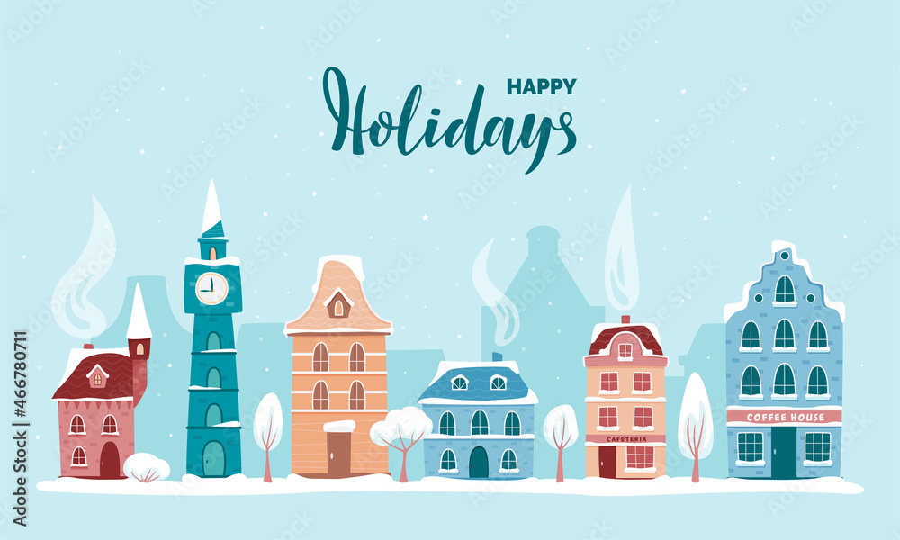 Winter old town street. City landscape with decorative old buildings, trees and Happy Holidays lettering sign. Winter town. Christmas town illustration. Vector illustration in flat style