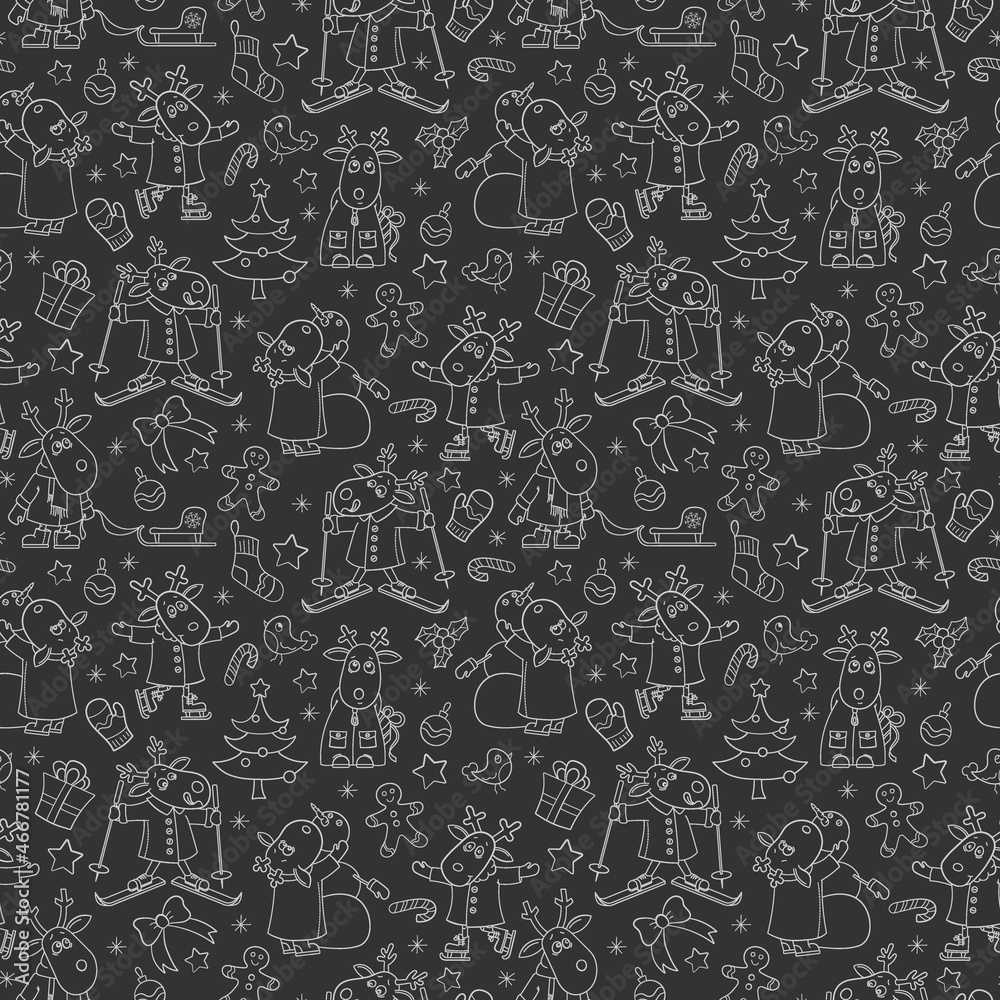 Seamless pattern for the new year and Christmas, funny light contour cartoon moose for winter entertainment, outline animals on a dark background