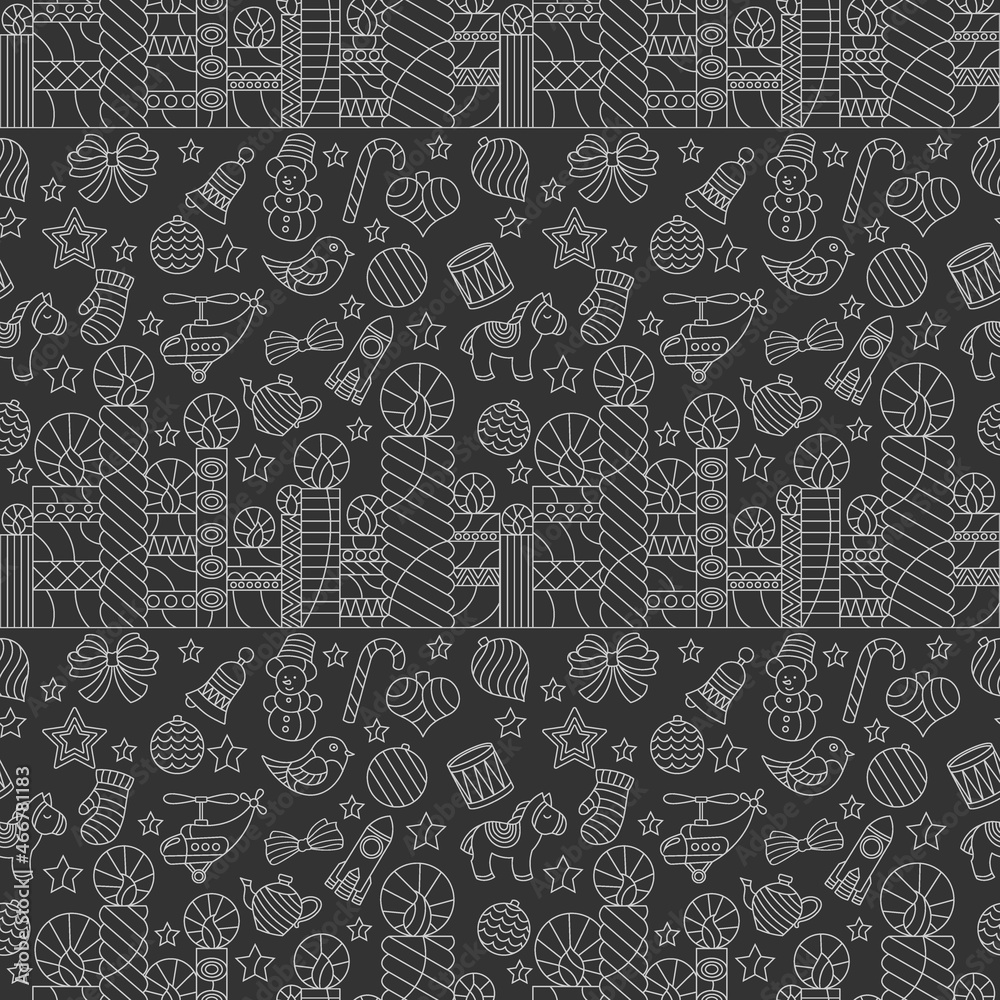 Seamless pattern on the theme of New year and Christmas,light outline candles and Christmas tree toys on a dark background Seamless pattern on the theme of New year and Christmas,light outline candles and Christmas tree toys on a dark background