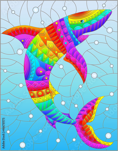 An illustration in the style of a stained glass window with an abstract rainbow shark on a background of water and air bubbles