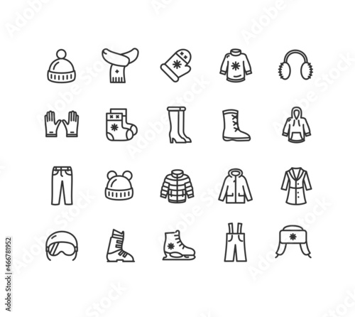 Winter Clothes Sign Black Thin Line Icon Set. Vector