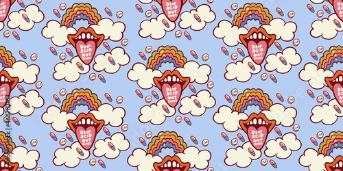 drop acid not bombs, tongue sticking out mouth, seamless pattern, psy art