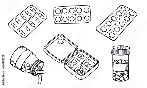 Vector sketch set of pills blister package isolated on white background. Hand drawn pills icon. Doodle medical illustration. For print, web, design, decor, logo.