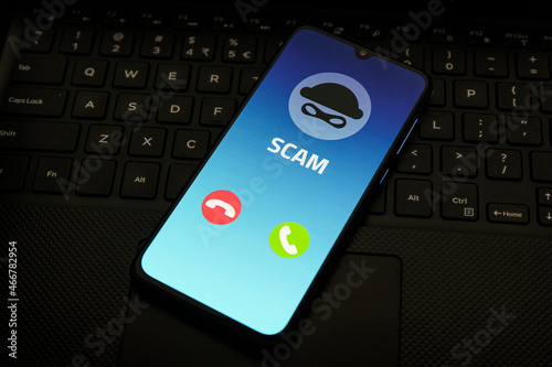 Wallpaper Mural Incoming call from scammer. Scam call on phone.