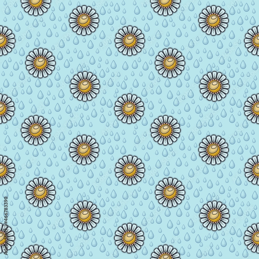 Seamless pattern. A field with decorative daisies and raindrops on a blue background
