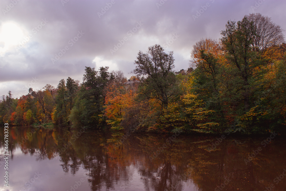 River lined with colorful trees in autumn, reflecting in the water.