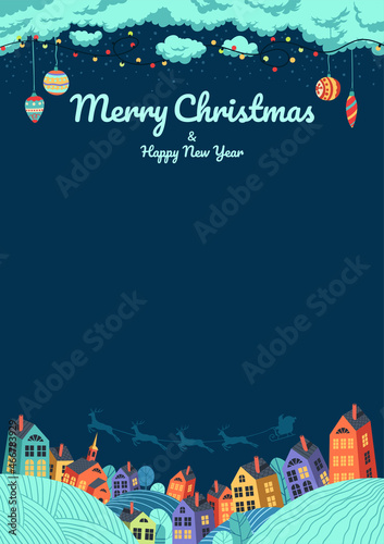 Vector Christmas eve landscape. Vertical copy space background with garland, tree toys among soft clouds. Santa in sleigh above colorful houses. Xmas greeting card, poster, program, letter template