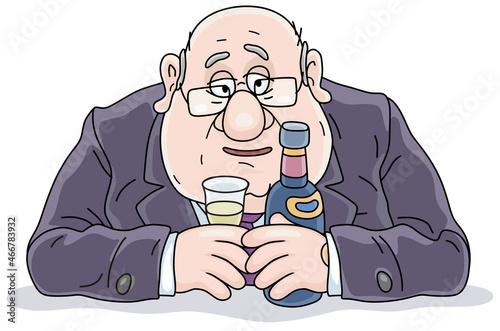 Funny stout balding man with sad expression holding a glass and a bottle of wine, vector cartoon illustration isolated on a white background
