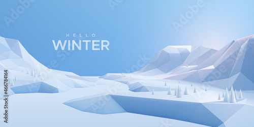 Hello Winter sign with snow mountains landscape and light blue sky. Outdoor nature background.