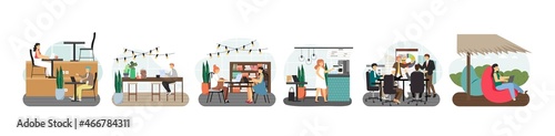 Coworking space scene set. Freelancers, remote teams sharing open common office space. Modern shared workspace, vector.