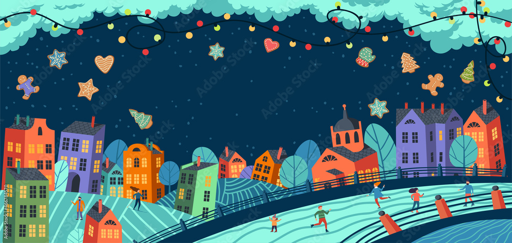 Christmas landscape with garland and gingerbread cookies decoration. Colorful houses & people skating on the ice river in the evening. Horizontal Xmas greeting card, header, banner copy spae template