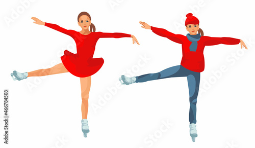 Vector isolated figures of a young figure skater girl skating on ice
