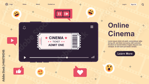 Online cinema poster vector. Flat design vector illustration of online cinema ticket ordering concept. Watch video, clip, movie via smartphone. Good for flyer, banner, marketing. Vector illustration.