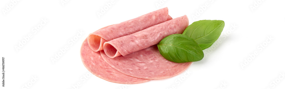 Twisted salami slices, isolated on white background. Twisted salami slices, isolated on white background.
