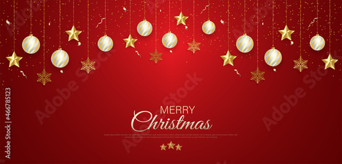 Merry christmas banner template design with decorative christmas light bulb.