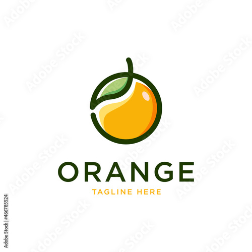 Orange Fruit logo with green leaf one line design template