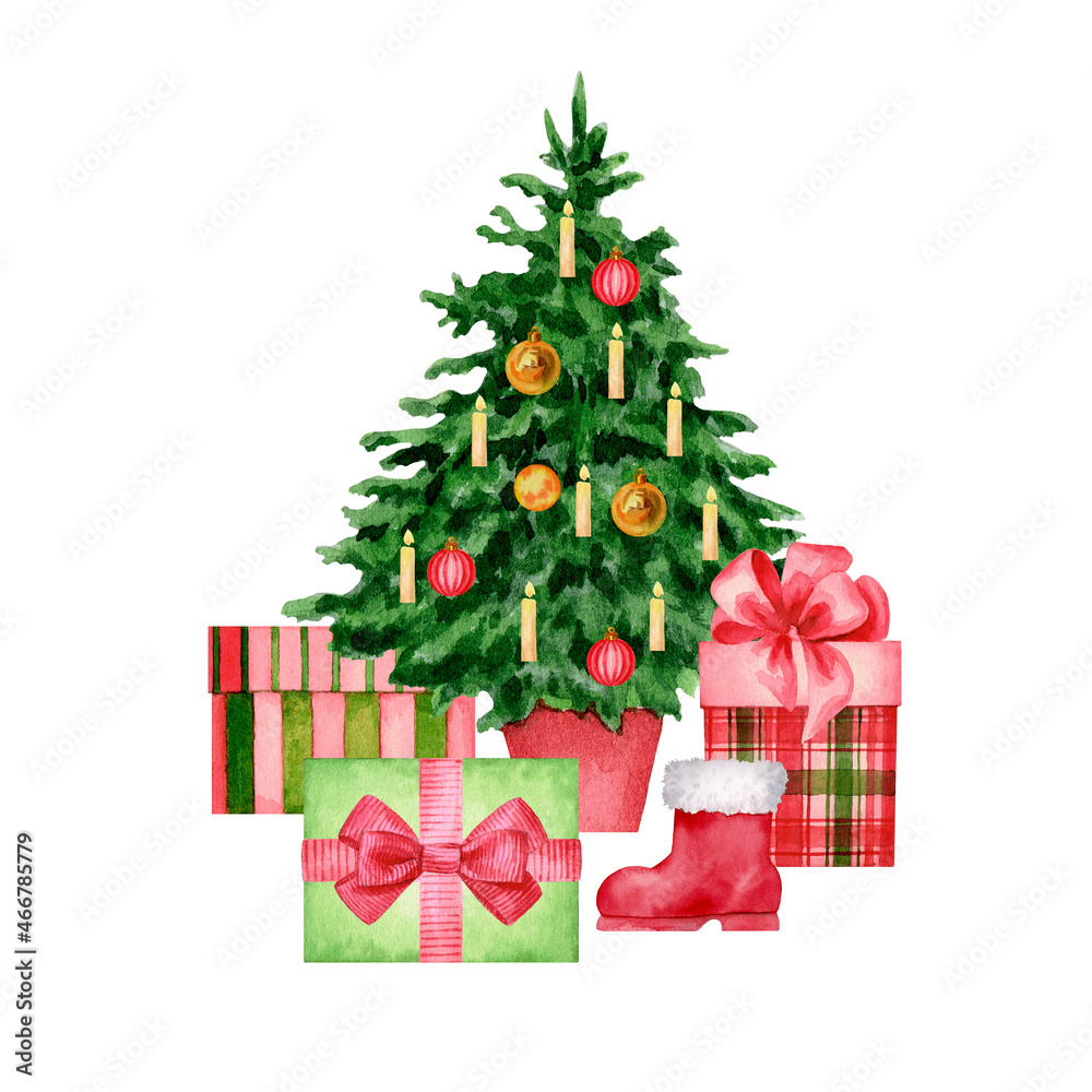 Christmas tree with gifts. Festive traditions. The image is hand-drawn and isolated on a white background. Watercolor.