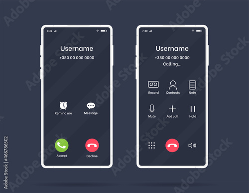 Call screen smartphone interface vector template, Mobile app page dark mode design layout, Flat UI for application. Flat design vector illustration